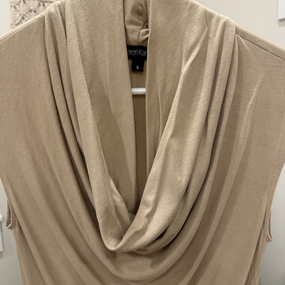 Karen Kane Sleeveless Draped Cowl Neck Top Small Beige Rayon Stretch - Picture 2 of 4